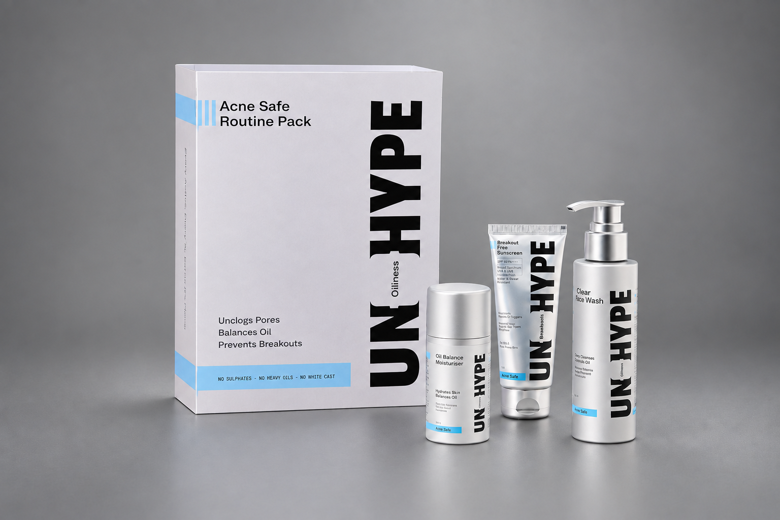 Unhype Acne Safe routine. Oil Clear Face Wash, Oil Balance Moisturiser, Breakout Free Sunscreen
