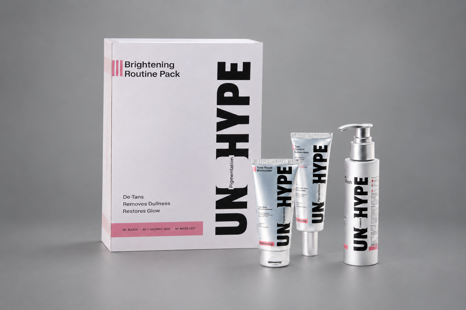 Unhype Brightening routine. De-Tan Face Wash, Tone Reset Moisturiser, Tan Control Sunscreen